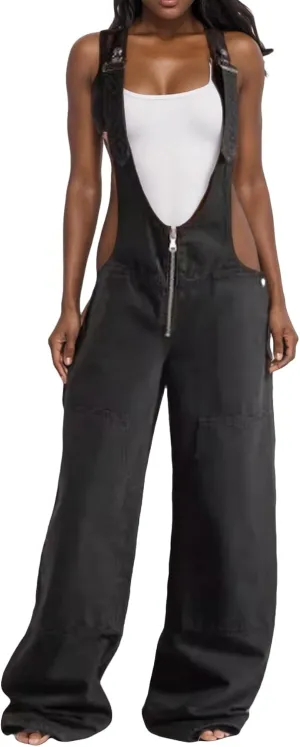 LAJIOJIO Denim Overalls for Women Casual Wide Leg Pants Baggy Jean Vintage Jumpsuit with Pockets