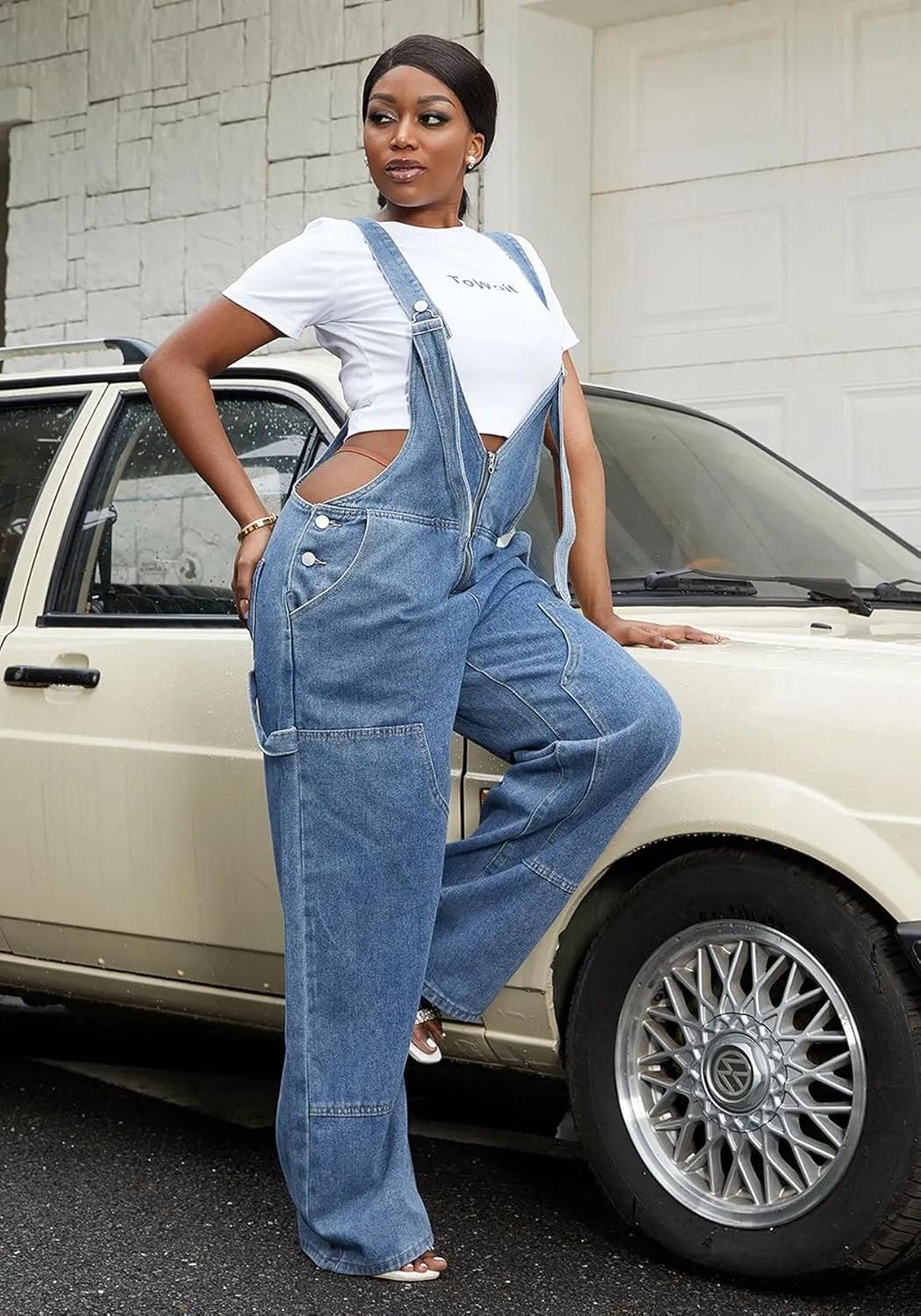 LAJIOJIO Denim Overalls for Women Casual Wide Leg Pants Baggy Jean Vintage Jumpsuit with Pockets