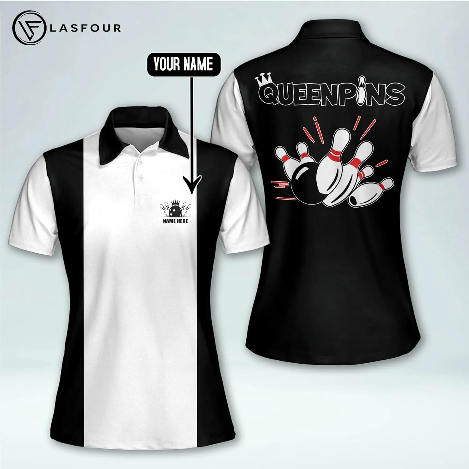 LASFOUR Personalized Queen Pins Pink Bowling Shirts for Women, Custom Quick-Dry Bowling Shirts Short Sleeve Polo for Girls