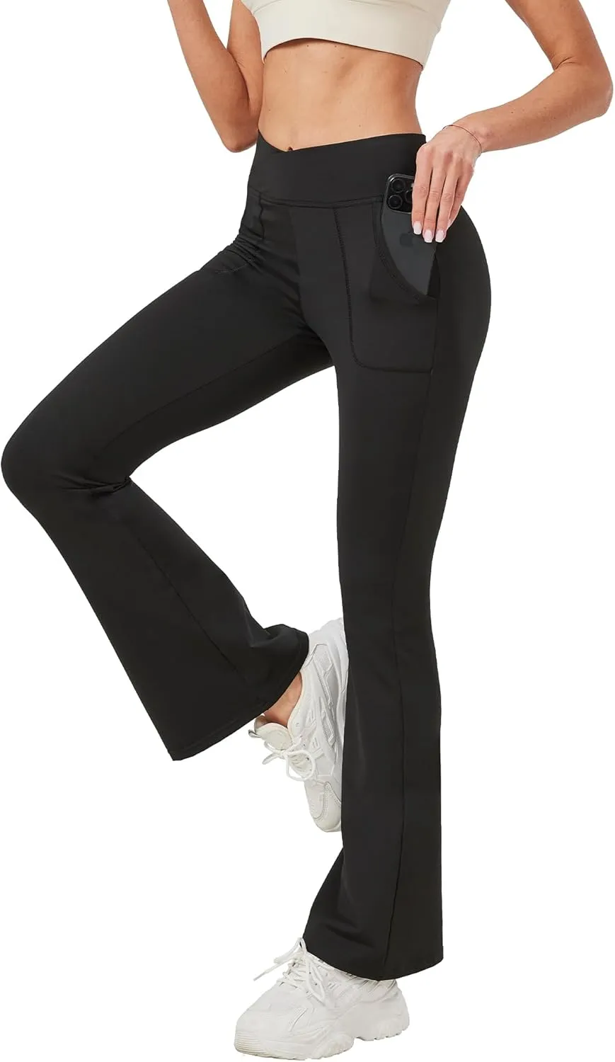 Leggings with Pockets for Girls Solid Black Stretch High Waist Tummy Control Workout Dance Bootcut Yoga Pants