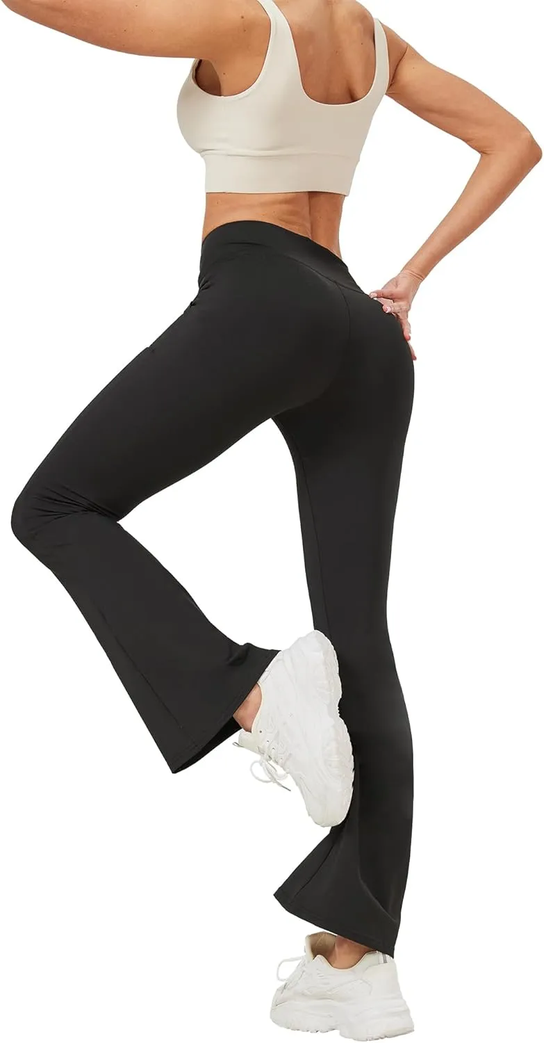 Leggings with Pockets for Girls Solid Black Stretch High Waist Tummy Control Workout Dance Bootcut Yoga Pants