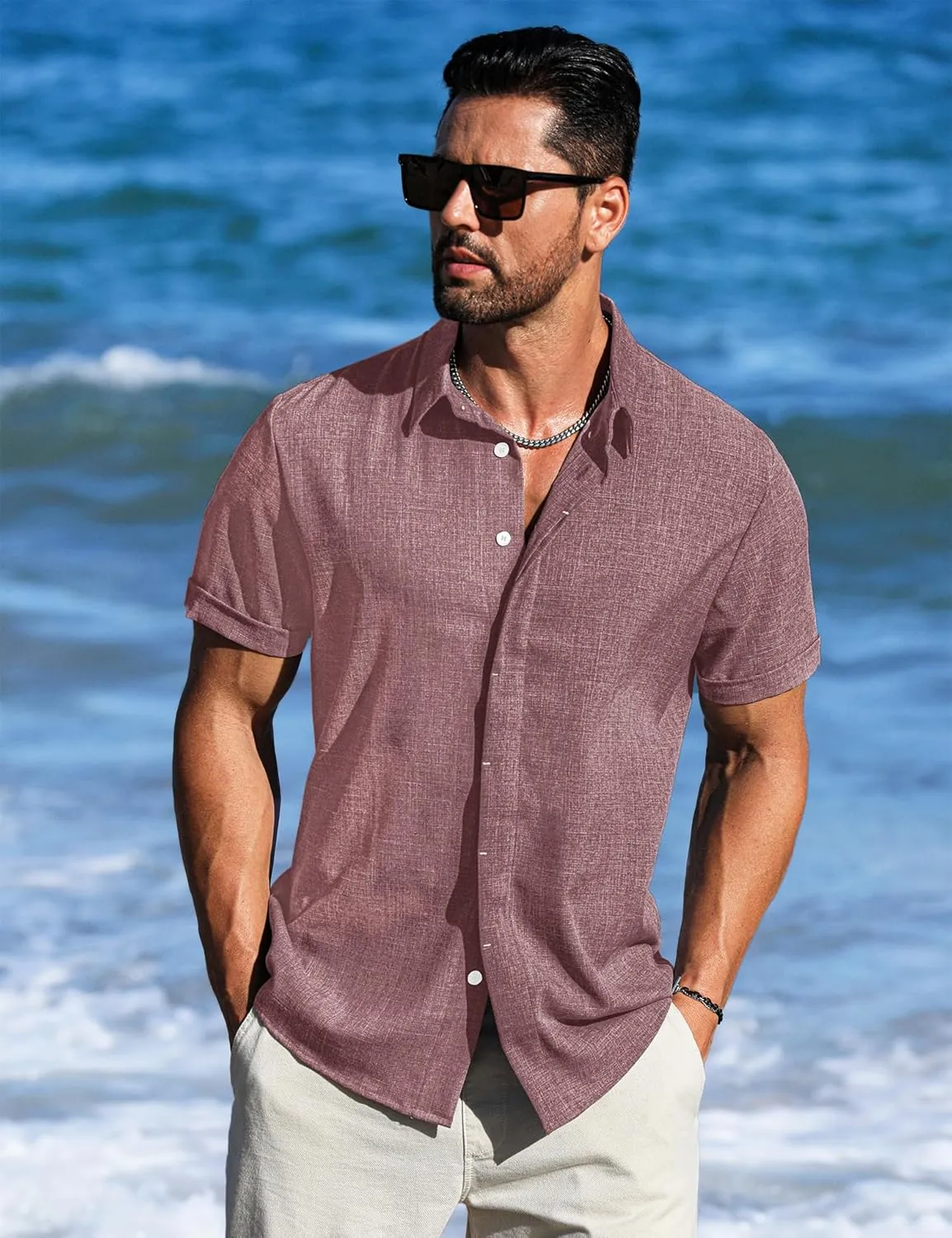 LETSEE Men's Linen Shirts Short Sleeve Button Down Casual Dress Shirts for Men Beach Vacation Shirt Fashion Summer Clothes