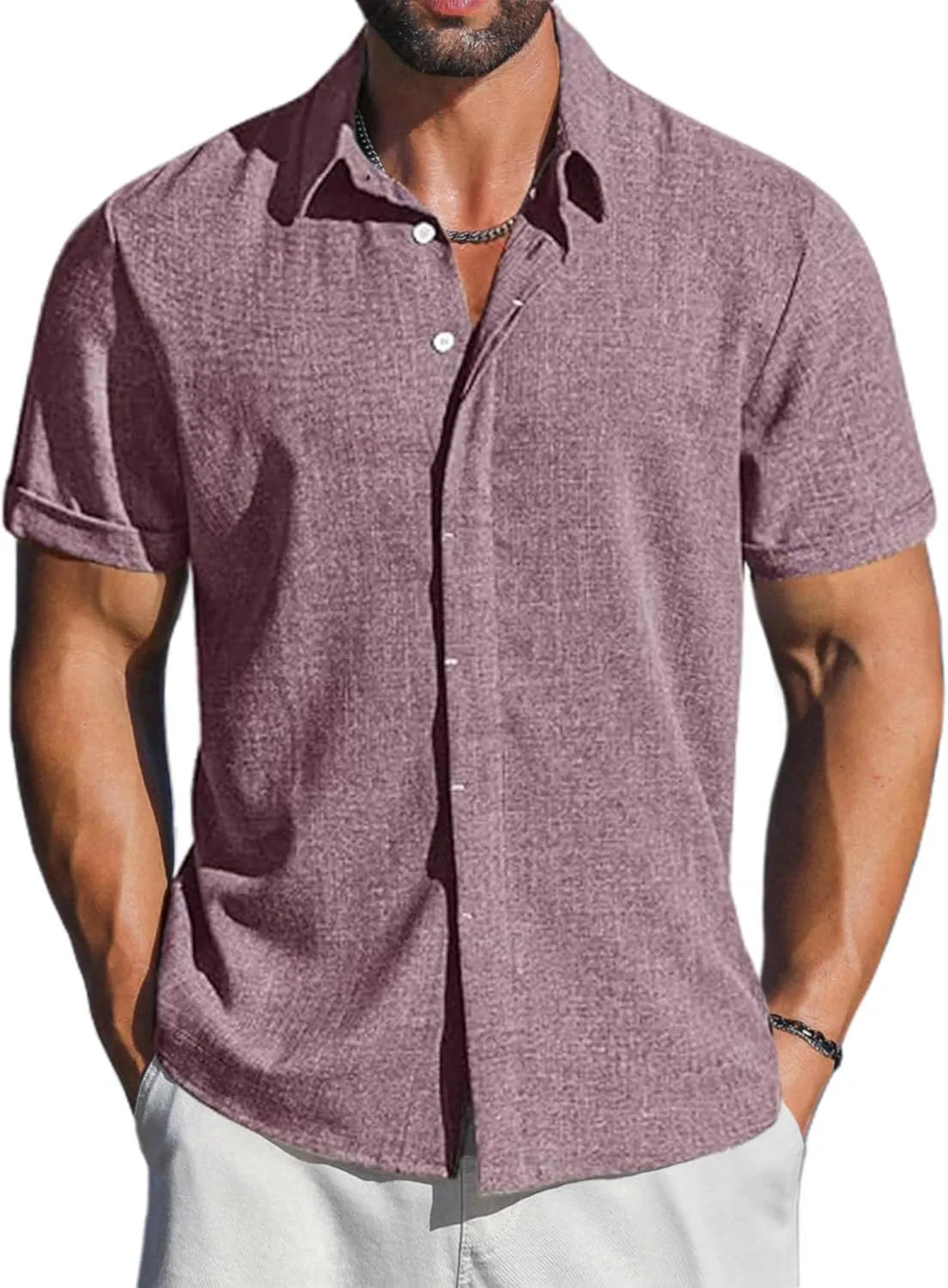LETSEE Men's Linen Shirts Short Sleeve Button Down Casual Dress Shirts for Men Beach Vacation Shirt Fashion Summer Clothes