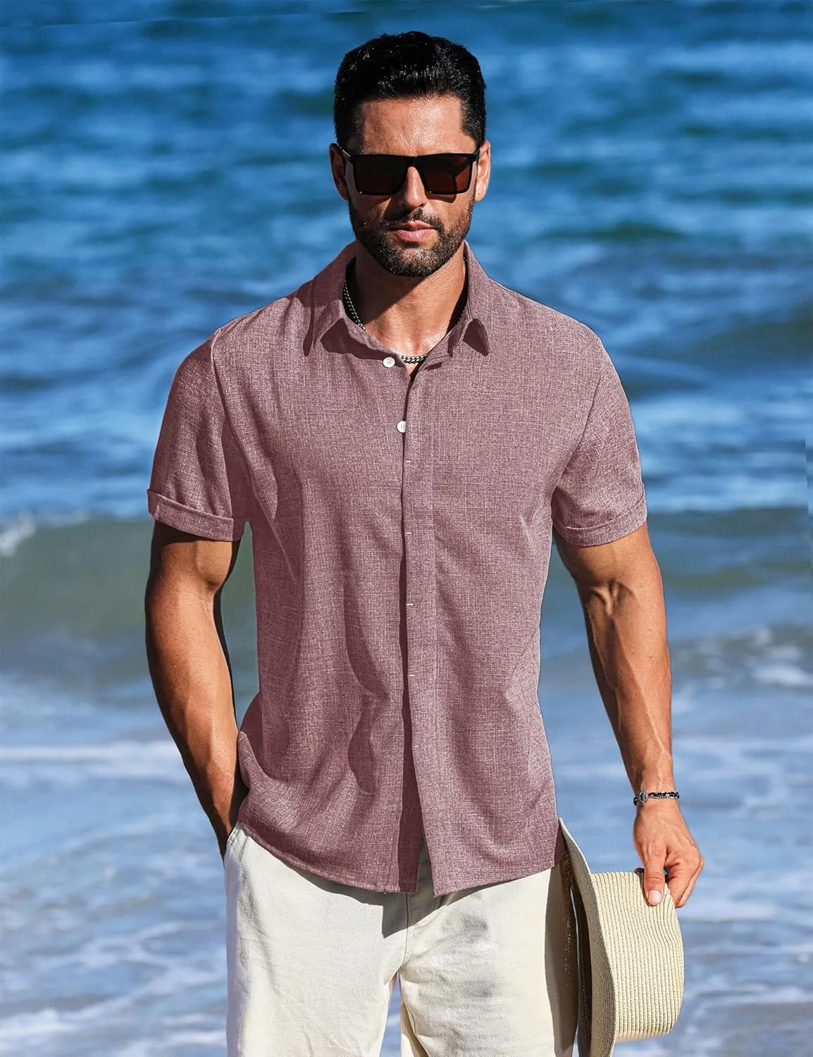 LETSEE Men's Linen Shirts Short Sleeve Button Down Casual Dress Shirts for Men Beach Vacation Shirt Fashion Summer Clothes