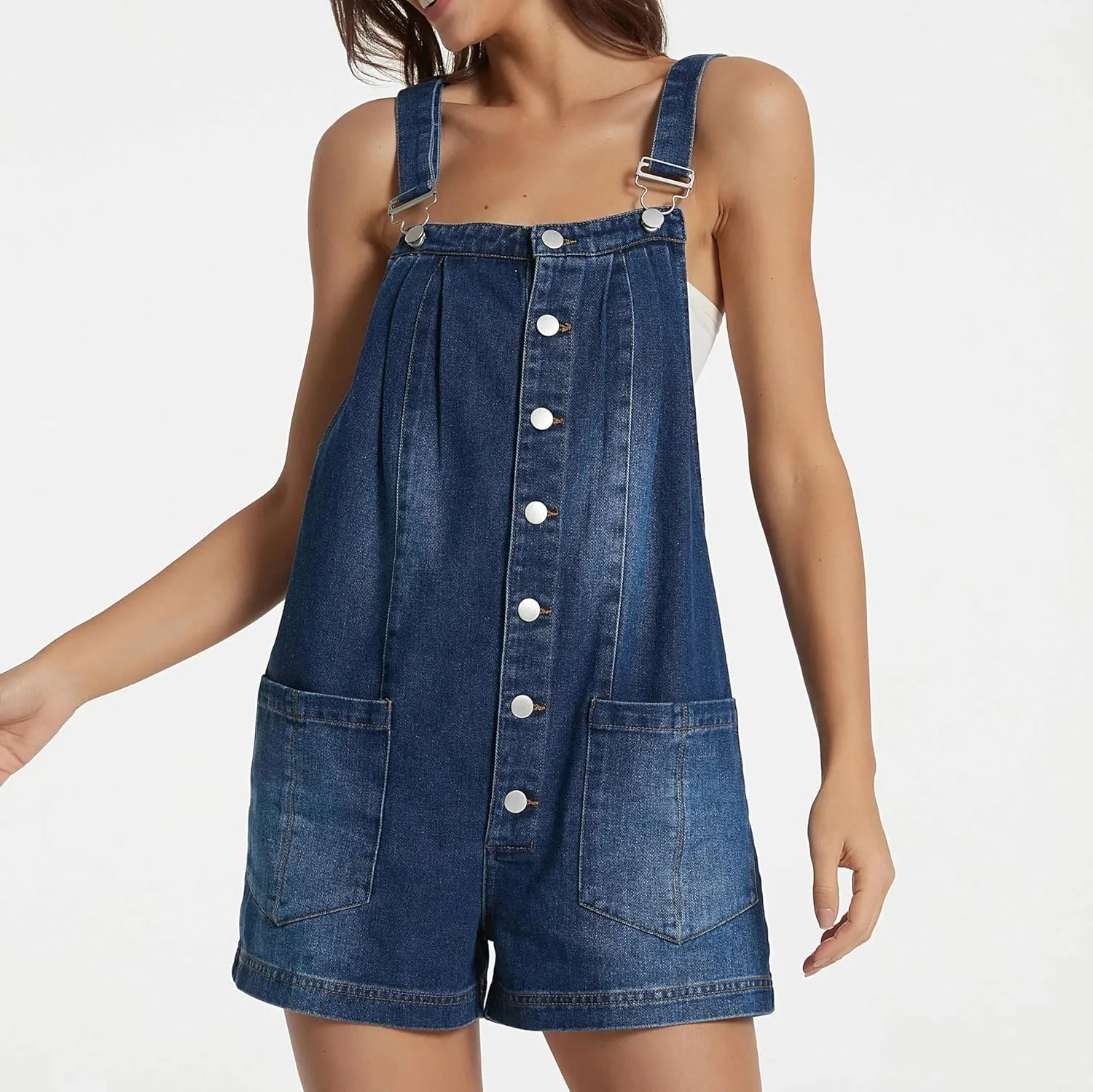 LifeShe Women's Denim Overall Shortalls Adjustable Straps Jeans Shorts Romper Jumpsuits with Patch Pockets