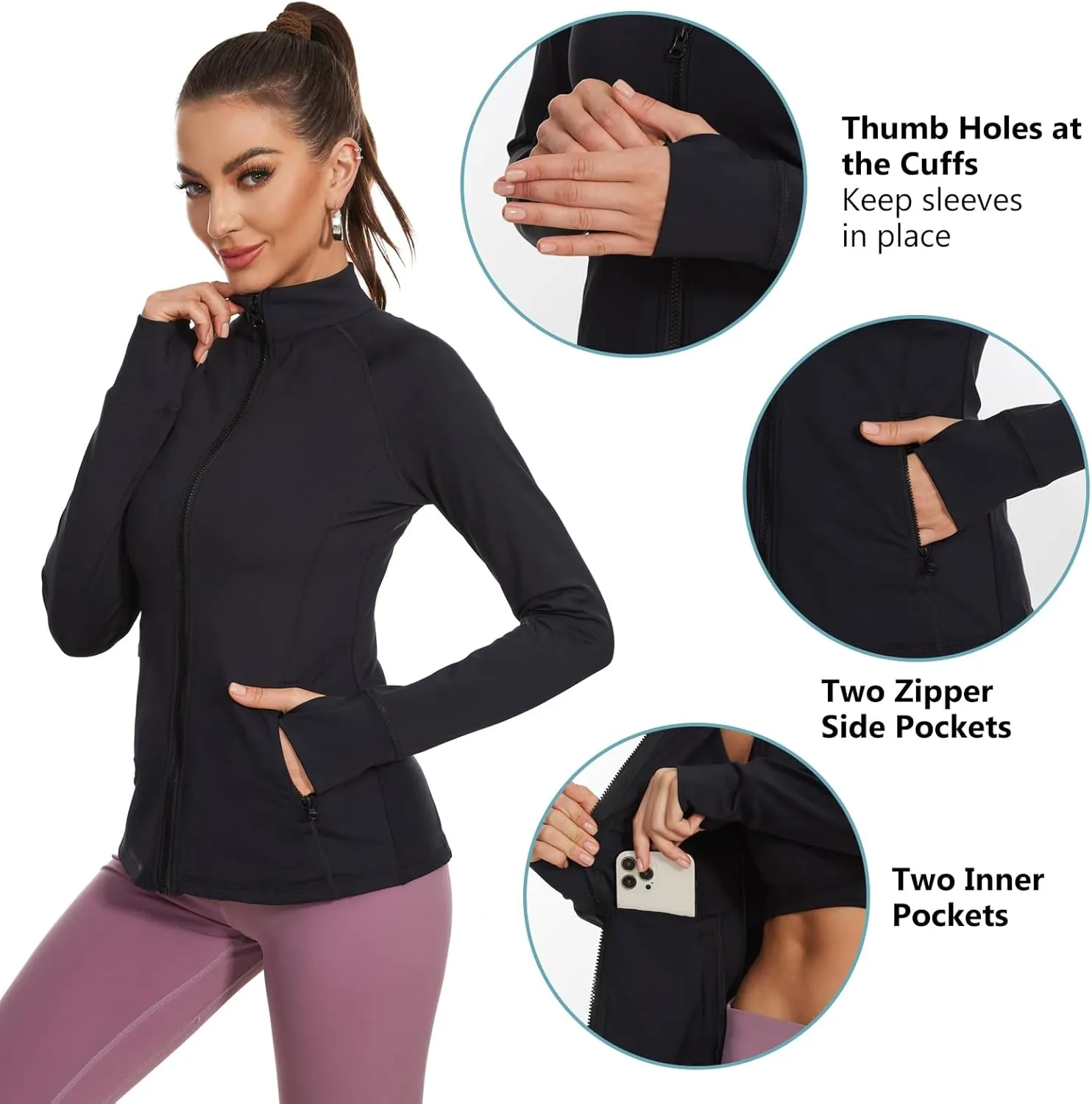 Lightbare Womens Zip Up Athletic Jackets Lightweight Slim Fit with Pockets Thumb Holes for Workout Gym Running Yoga