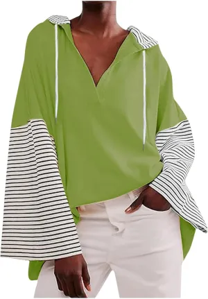 Lightweight Hoodie Sweatshirts For Women 2024 Casual Long Sleeve v Neck Pullover Tops Color Block Oversized Sweatshirt