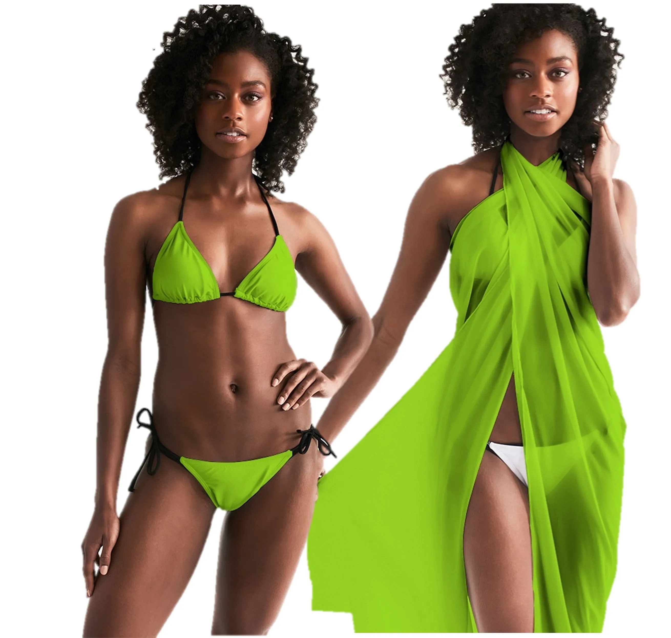 Lime Green Bikini. Brat Green Triangle String Bikini. Lime Green Swimsuit Cover Up.  Beachwear Wrap WickedYo.