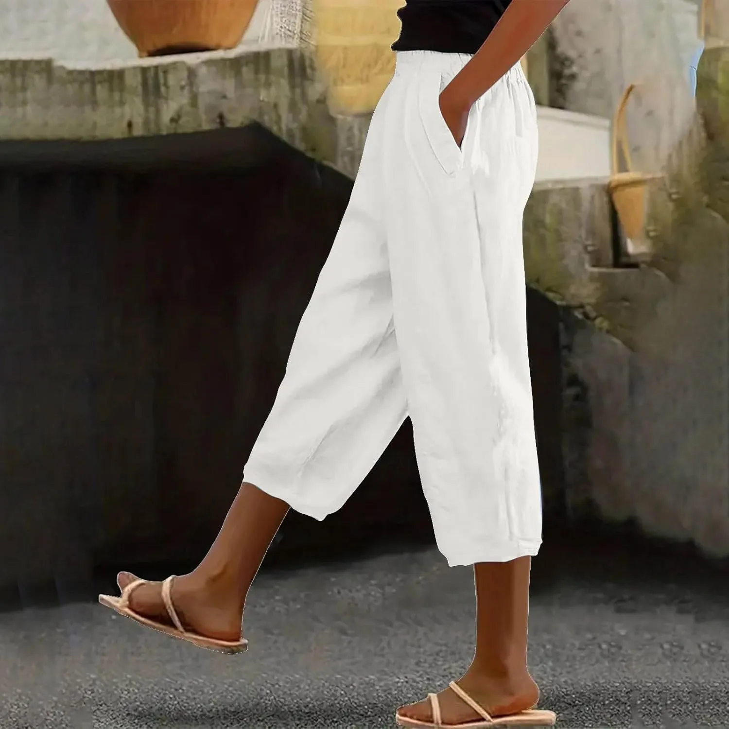 Linen Capris for Women Summer Casual Beach 3/4 Length Pants with Pockets Wide Leg Cotton Blend Comfy Cropped Trousers