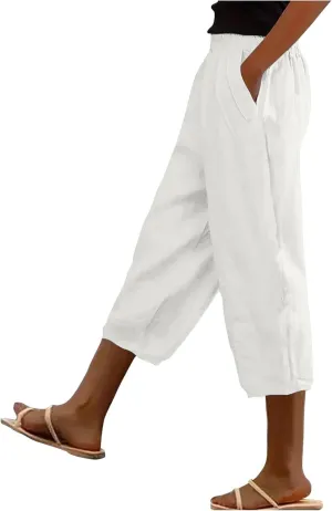 Linen Capris for Women Summer Casual Beach 3/4 Length Pants with Pockets Wide Leg Cotton Blend Comfy Cropped Trousers