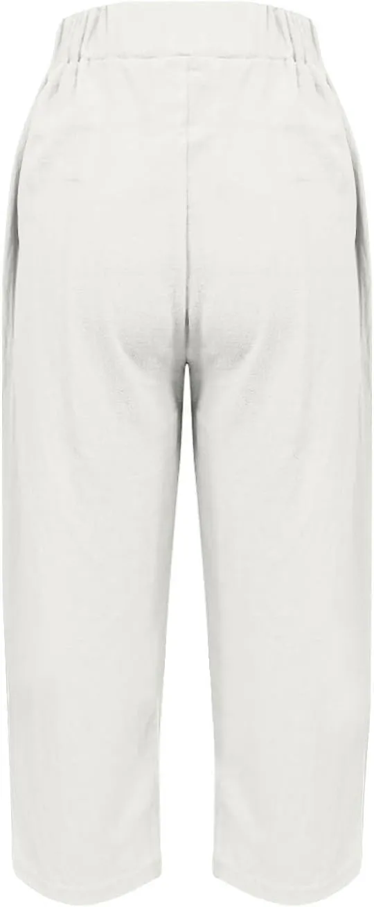 Linen Capris for Women Summer Casual Beach 3/4 Length Pants with Pockets Wide Leg Cotton Blend Comfy Cropped Trousers