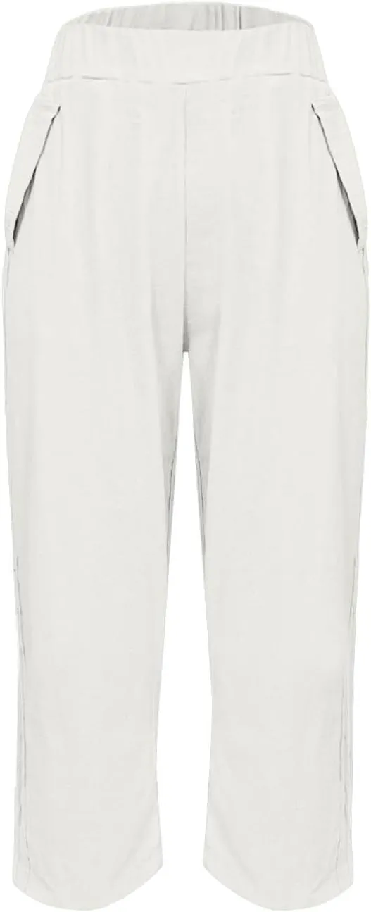 Linen Capris for Women Summer Casual Beach 3/4 Length Pants with Pockets Wide Leg Cotton Blend Comfy Cropped Trousers