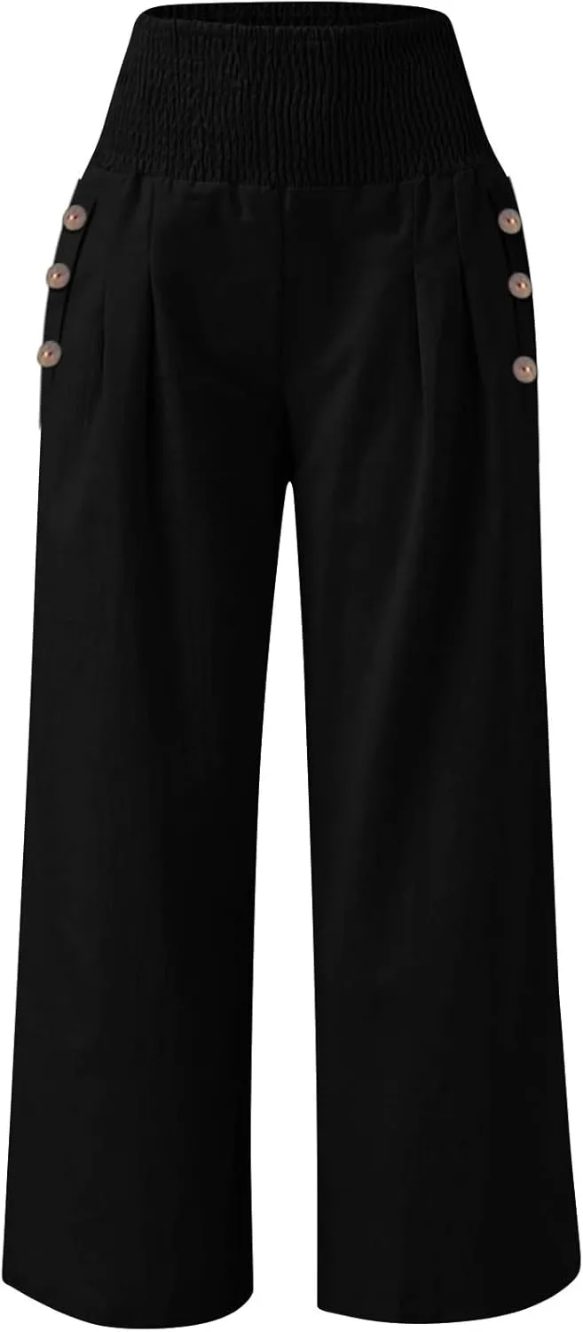 Linen Palazzo Pants for Women Summer Stretch Smocked Waist Lounge Trousers Flowy Beach Pants with Pockets