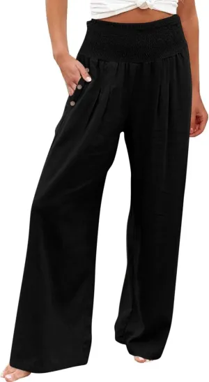 Linen Palazzo Pants for Women Summer Stretch Smocked Waist Lounge Trousers Flowy Beach Pants with Pockets
