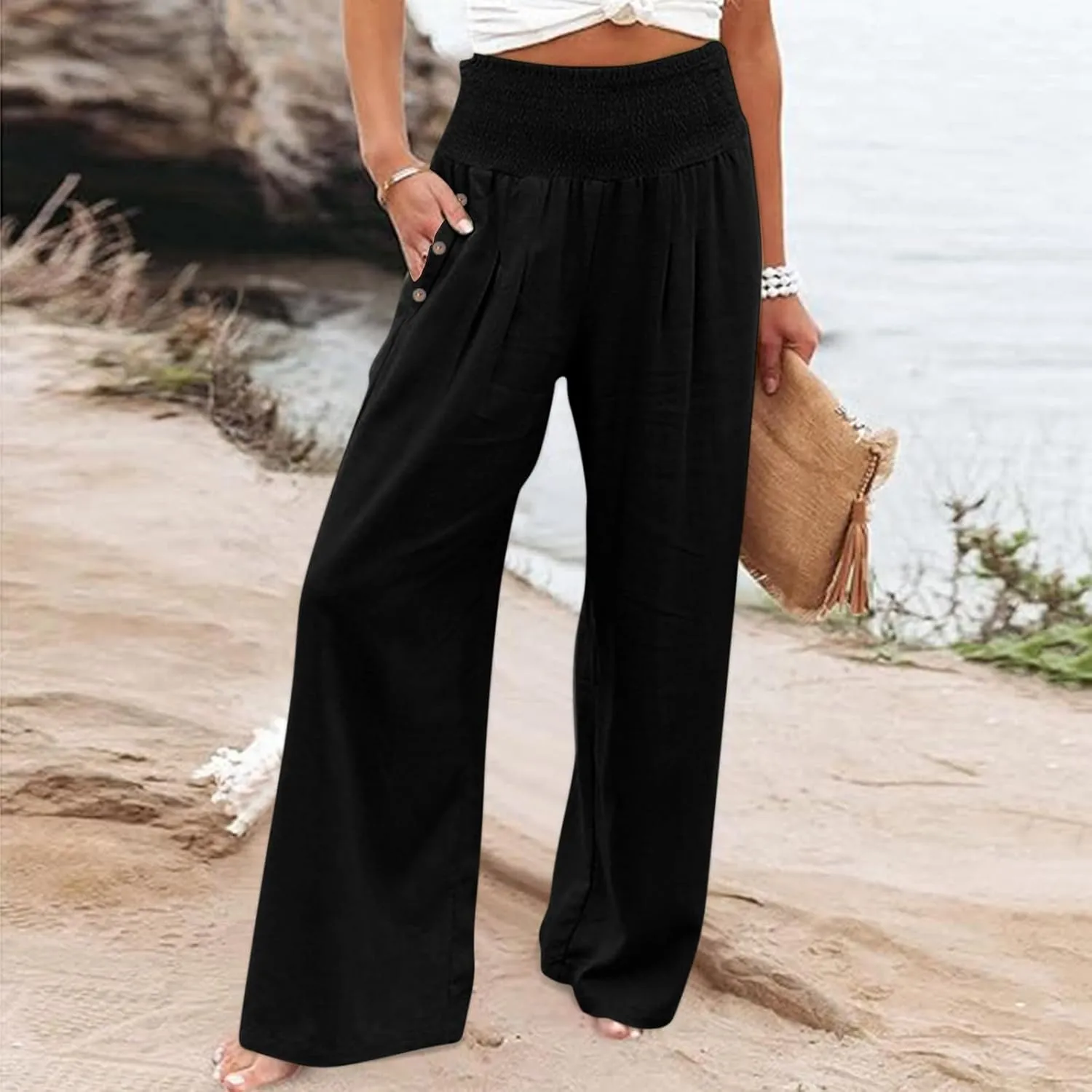 Linen Palazzo Pants for Women Summer Stretch Smocked Waist Lounge Trousers Flowy Beach Pants with Pockets