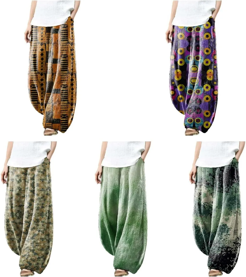 Linen Pants Women Baggy Pants Casual Loose with Pockets Trendy Pants Elastic Waist Relax Lantern Trouser