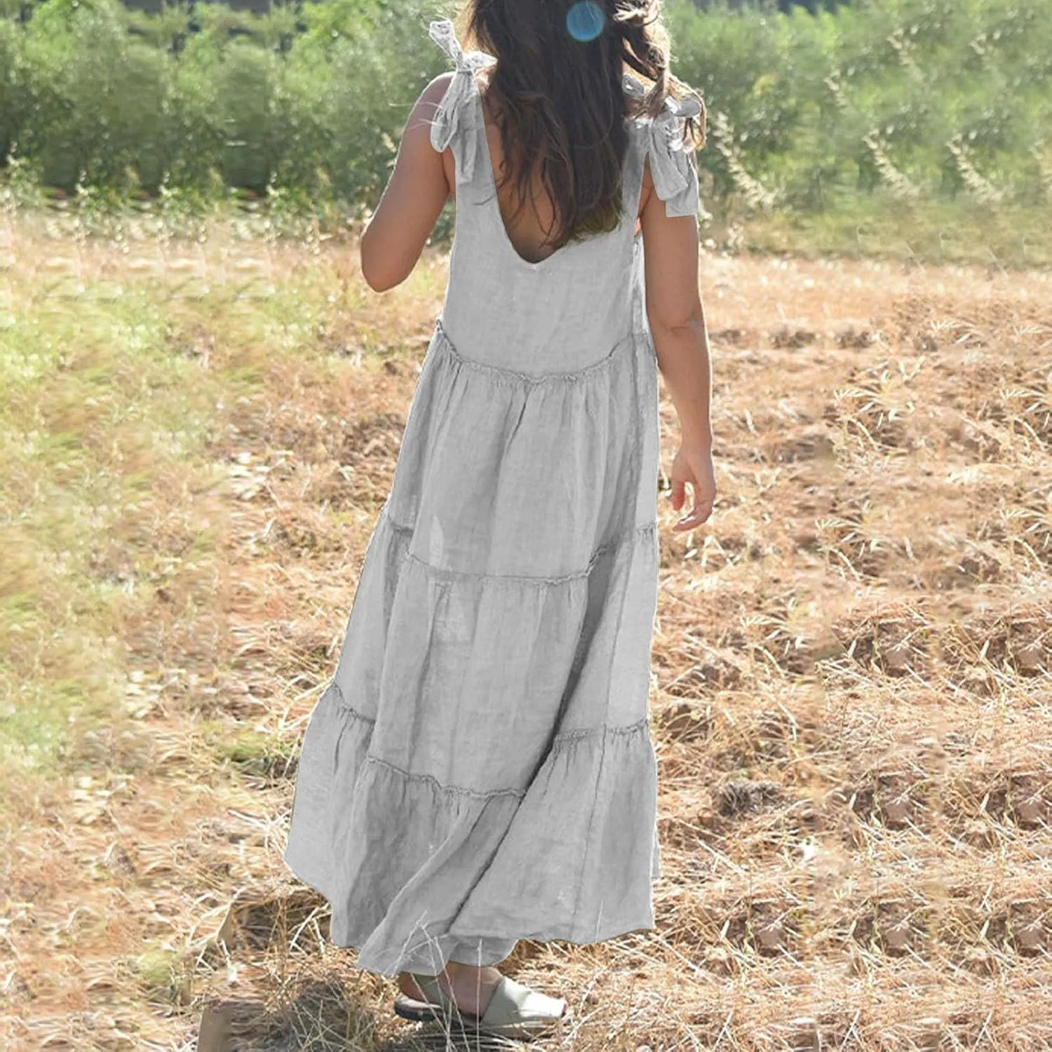 Linen Sundresses for Women 2025 Vacation Tie Shoulder V Neck Tiered Maxi Dress Flowy Summer Long Beach Sundress