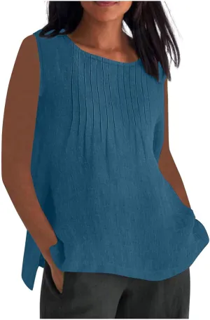 Linen Tank Tops for Women Cotton Gauze Crewneck Pleated Front Sleeveless Plus Size Summer Shirts with Side Slit