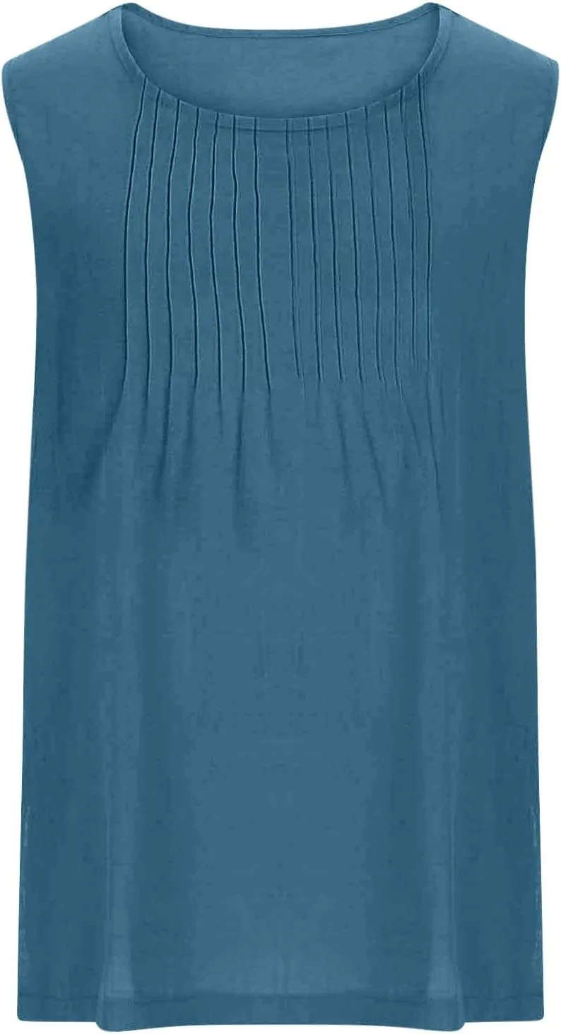 Linen Tank Tops for Women Cotton Gauze Crewneck Pleated Front Sleeveless Plus Size Summer Shirts with Side Slit