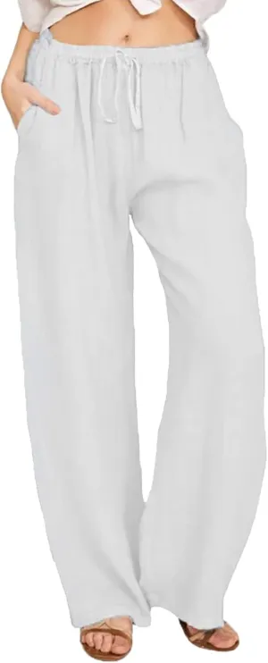 Linen Wide Leg Pants for Women Gauze Palazzo High Waist Drawstring Casual Trousers Travel Beach Outfits with Pockets