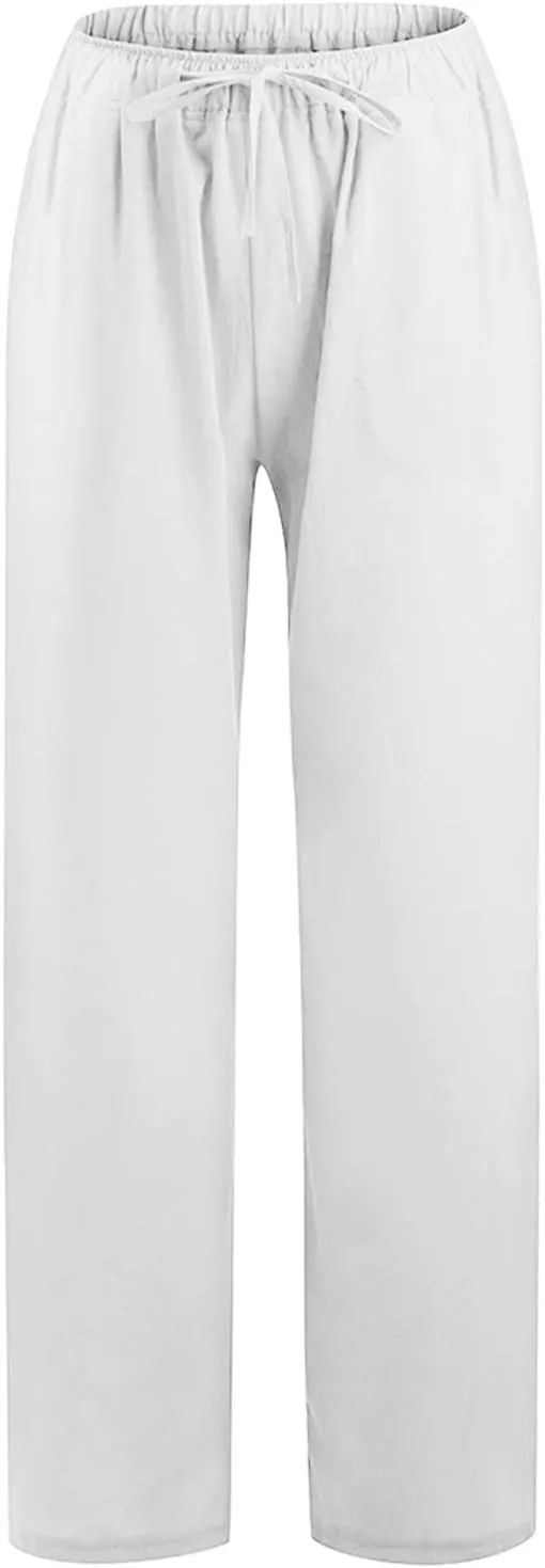 Linen Wide Leg Pants for Women Gauze Palazzo High Waist Drawstring Casual Trousers Travel Beach Outfits with Pockets