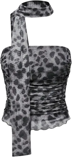 LOFAAC Women Y2K Strapless Leopard Print Tube Top Sexy Sleeveless Ruched Mesh Bandeau Going Out Crop Top with Scarf Club