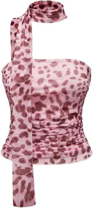 LOFAAC Women Y2K Strapless Leopard Print Tube Top Sexy Sleeveless Ruched Mesh Bandeau Going Out Crop Top with Scarf Club