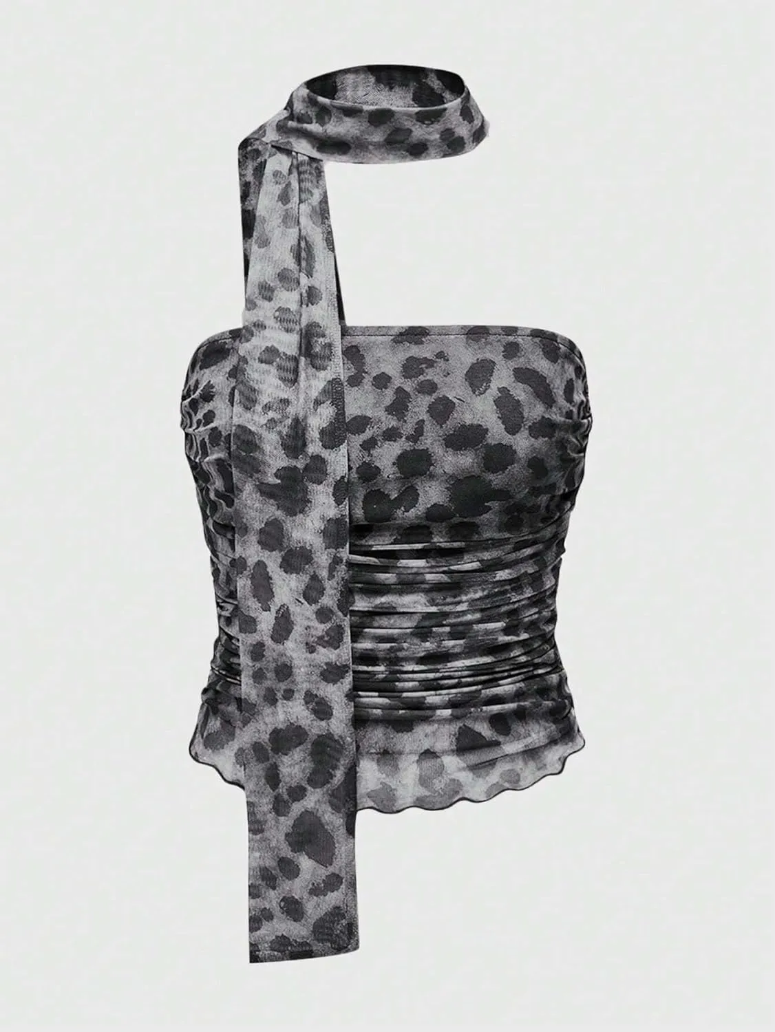 LOFAAC Women Y2K Strapless Leopard Print Tube Top Sexy Sleeveless Ruched Mesh Bandeau Going Out Crop Top with Scarf Club