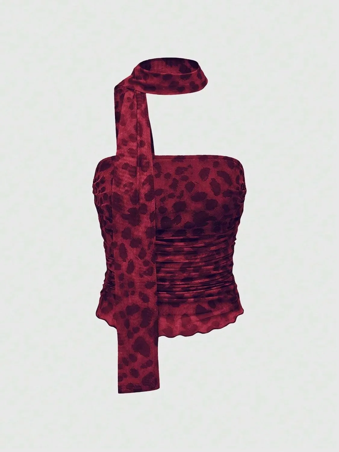 LOFAAC Women Y2K Strapless Leopard Print Tube Top Sexy Sleeveless Ruched Mesh Bandeau Going Out Crop Top with Scarf Club