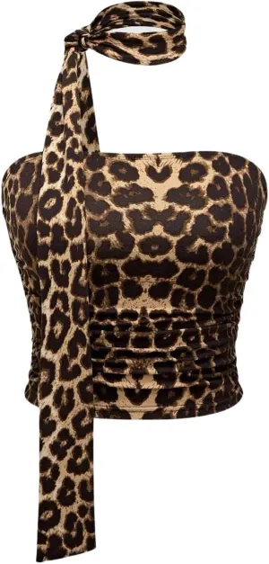 LOFAAC Women Y2K Strapless Leopard Print Tube Top Sexy Sleeveless Ruched Mesh Bandeau Going Out Crop Top with Scarf Club
