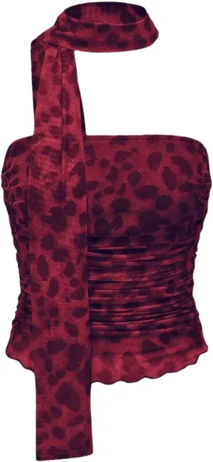 LOFAAC Women Y2K Strapless Leopard Print Tube Top Sexy Sleeveless Ruched Mesh Bandeau Going Out Crop Top with Scarf Club