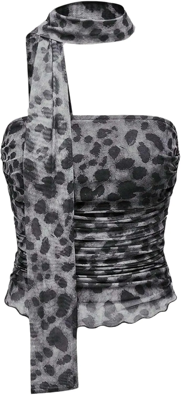LOFAAC Women Y2K Strapless Leopard Print Tube Top Sexy Sleeveless Ruched Mesh Bandeau Going Out Crop Top with Scarf Club