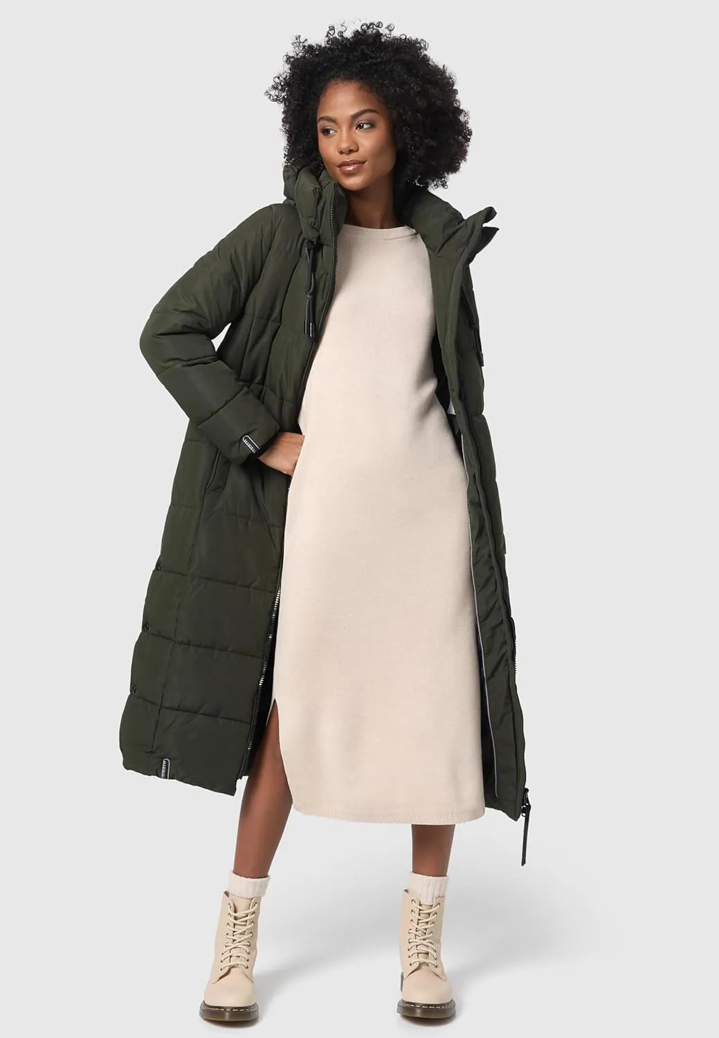 Long Fall & Winter Coat for Women | Detachable Hood | Quilted Womens Calf-Length Jacket | Nadeshikoo XVI XS-5XL