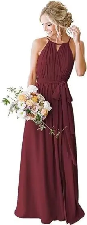 Long Halter Bridesmaid Dress 2025 Women's Wedding Guest Dresses Sleeveless Chiffon Formal Evening Dress for Girls