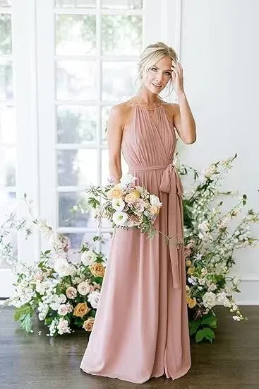 Long Halter Bridesmaid Dress 2025 Women's Wedding Guest Dresses Sleeveless Chiffon Formal Evening Dress for Girls