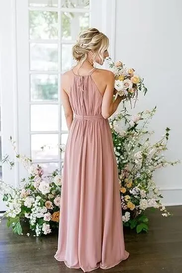 Long Halter Bridesmaid Dress 2025 Women's Wedding Guest Dresses Sleeveless Chiffon Formal Evening Dress for Girls