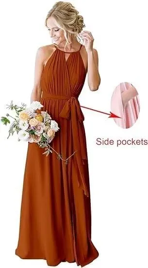 Long Halter Bridesmaid Dress 2025 Women's Wedding Guest Dresses Sleeveless Chiffon Formal Evening Dress for Girls