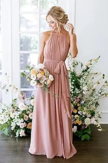 Long Halter Bridesmaid Dress 2025 Women's Wedding Guest Dresses Sleeveless Chiffon Formal Evening Dress for Girls
