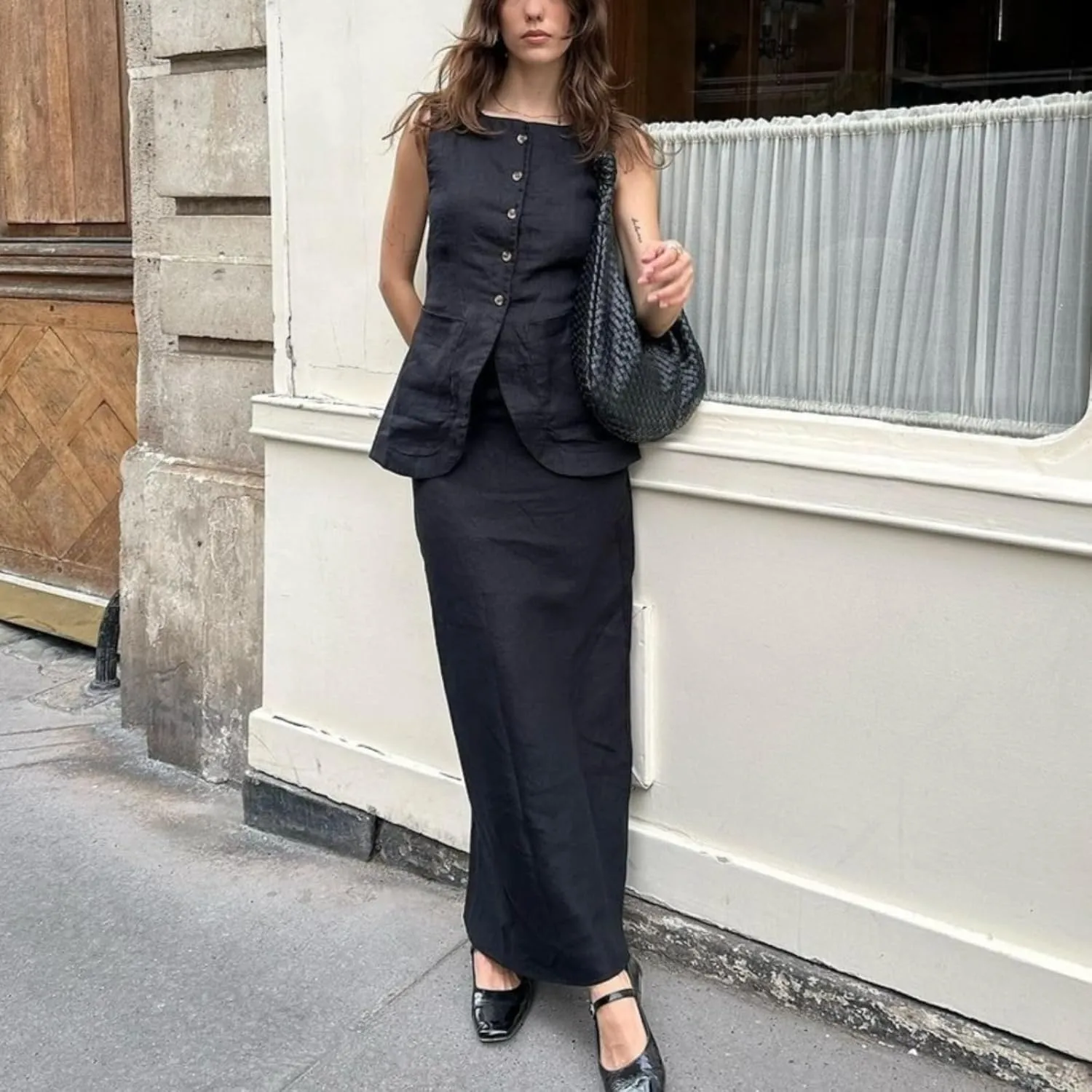 Long Linen Waistcoat Vest for Women - 2 Piece Sets Summer Casual High Neck Button Down Sleeveless Tops Maxi Skirt Set