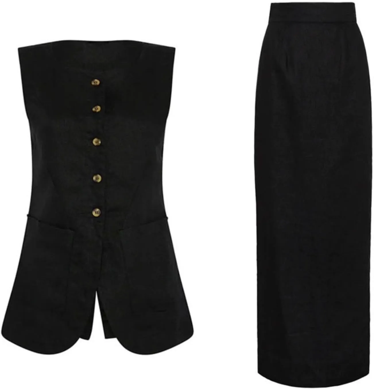 Long Linen Waistcoat Vest for Women - 2 Piece Sets Summer Casual High Neck Button Down Sleeveless Tops Maxi Skirt Set