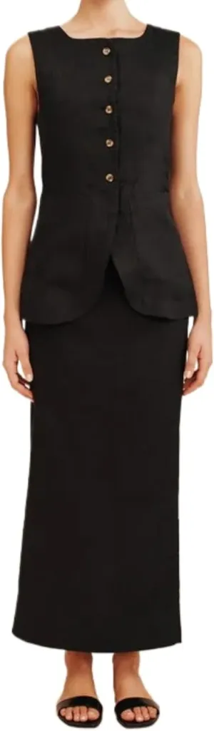 Long Linen Waistcoat Vest for Women - 2 Piece Sets Summer Casual High Neck Button Down Sleeveless Tops Maxi Skirt Set