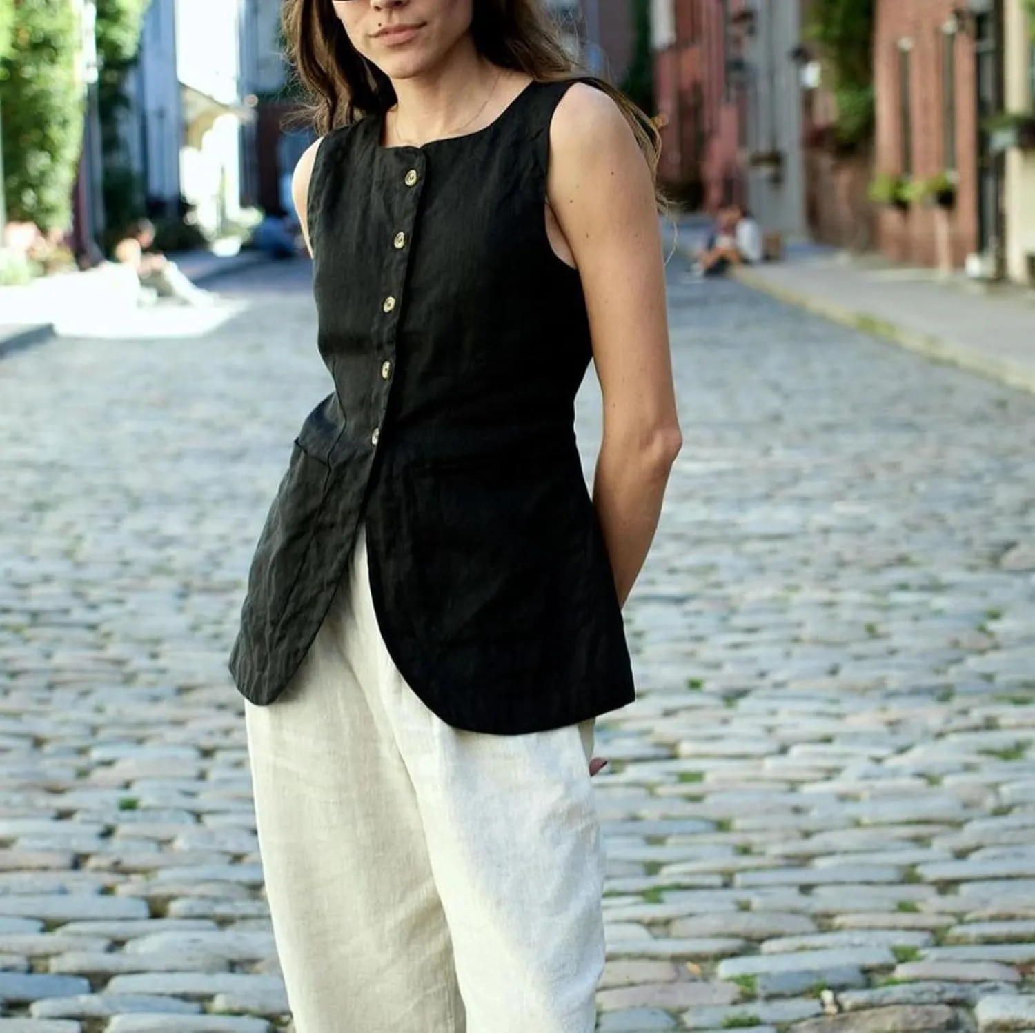 Long Linen Waistcoat Vest for Women - 2 Piece Sets Summer Casual High Neck Button Down Sleeveless Tops Maxi Skirt Set