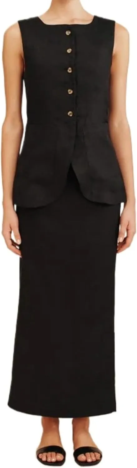 Long Linen Waistcoat Vest for Women - 2 Piece Sets Summer Casual High Neck Button Down Sleeveless Tops Maxi Skirt Set