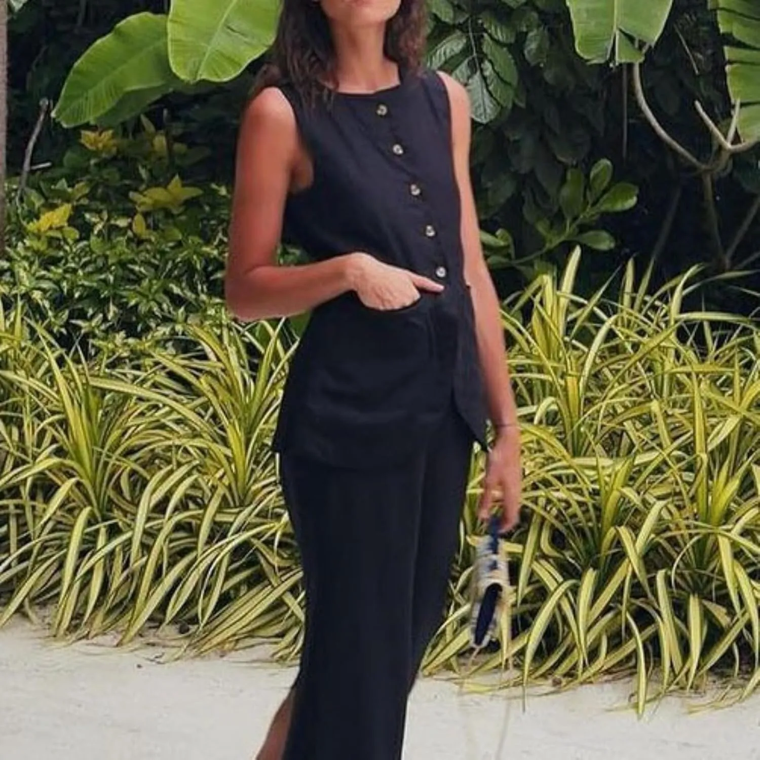 Long Linen Waistcoat Vest for Women - 2 Piece Sets Summer Casual High Neck Button Down Sleeveless Tops Maxi Skirt Set
