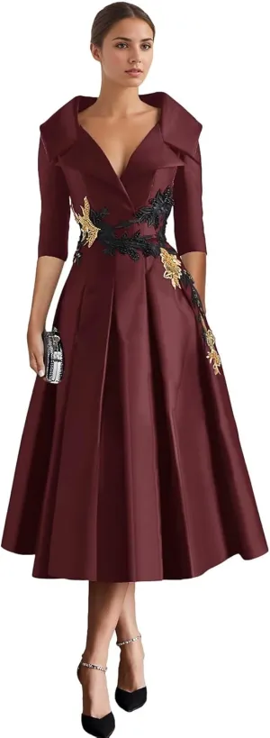 Long Sleeve Mother of The Bride Dresses Tea Length Prom Dress Applique Satin Formal Evening Gowns with Pockets