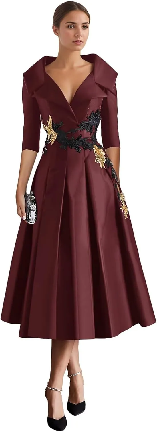 Long Sleeve Mother of The Bride Dresses Tea Length Prom Dress Applique Satin Formal Evening Gowns with Pockets