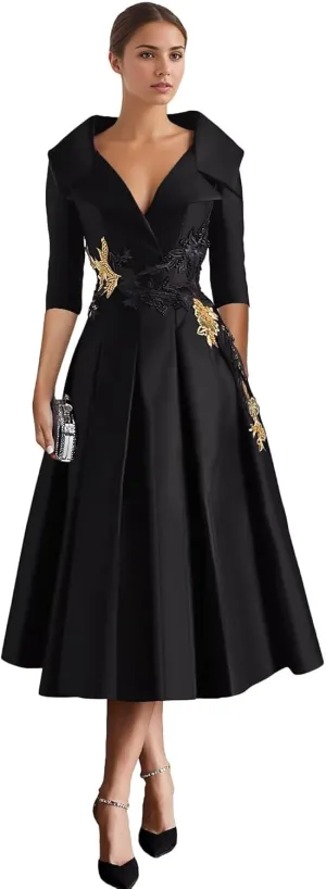 Long Sleeve Mother of The Bride Dresses Tea Length Prom Dress Applique Satin Formal Evening Gowns with Pockets