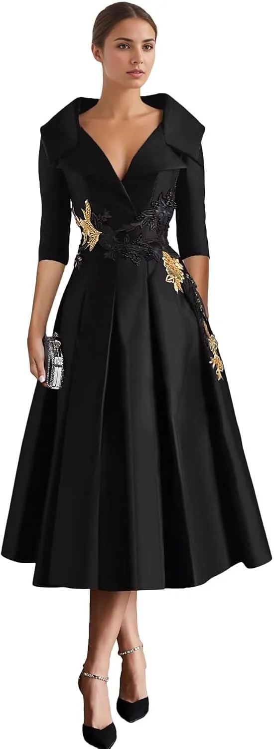 Long Sleeve Mother of The Bride Dresses Tea Length Prom Dress Applique Satin Formal Evening Gowns with Pockets