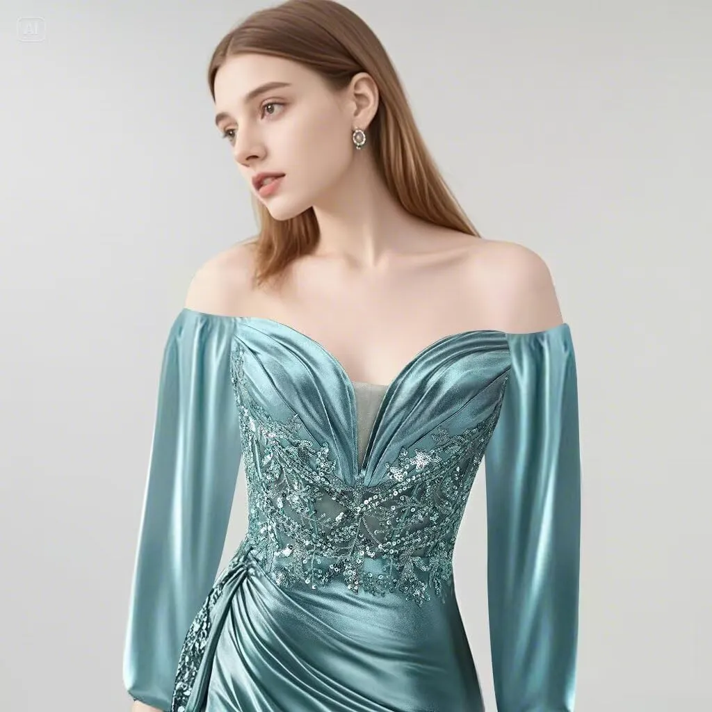 Long Sleeve Prom Dresses for Women Off Shoulder Satin Formal Dresses Mermaid Lace Applique Evening Gowns