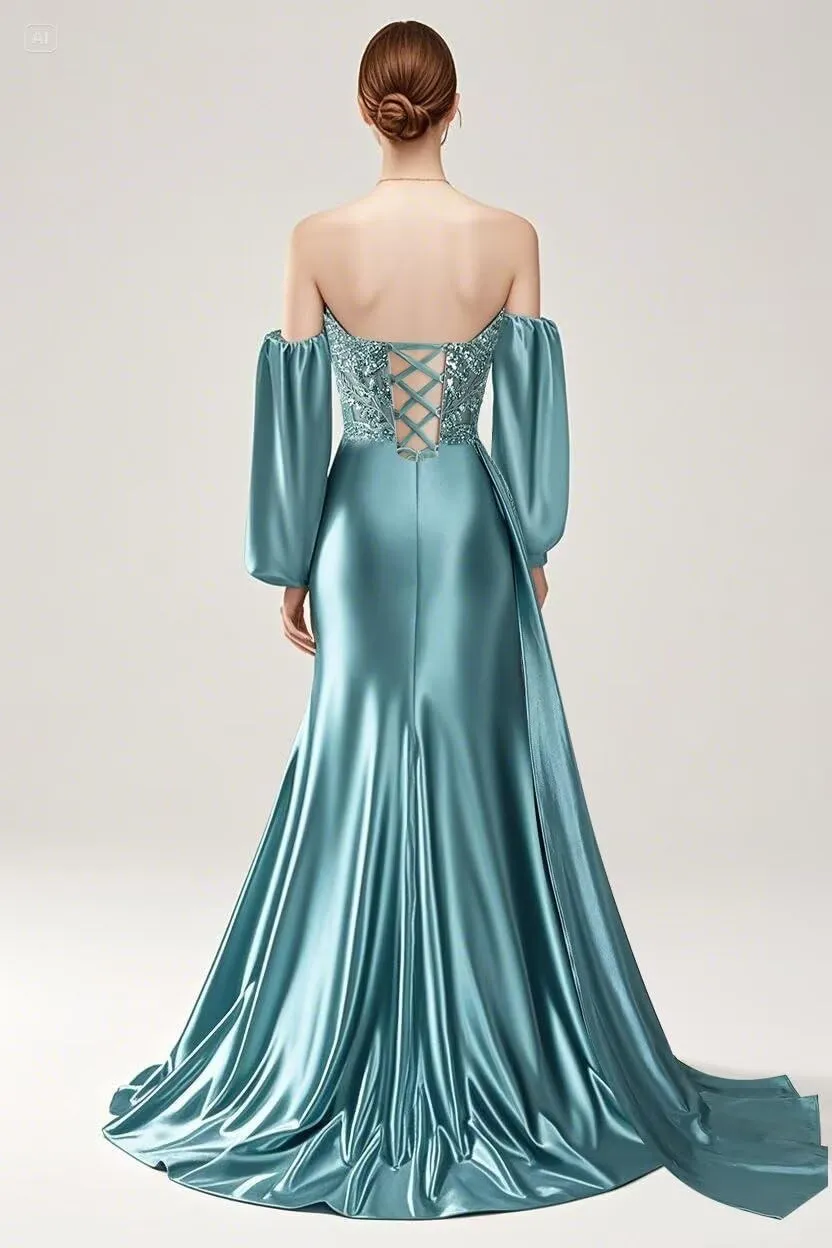 Long Sleeve Prom Dresses for Women Off Shoulder Satin Formal Dresses Mermaid Lace Applique Evening Gowns